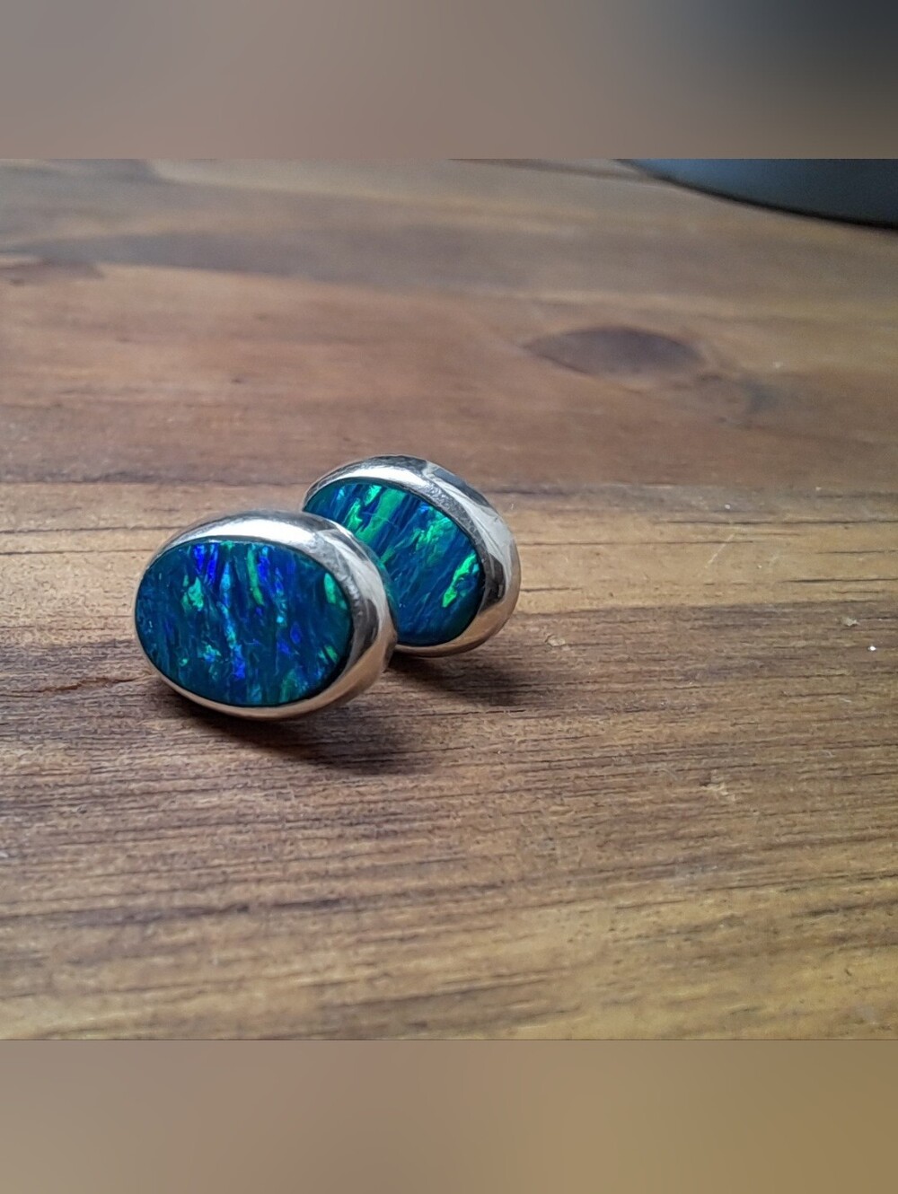 Vintage Sterling Silver Oval Blue Opal Inlay Stud Earrings - Picture 8 of 8